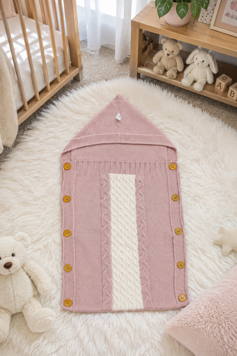 Premium Knitted Baby Sleeping Bag N Carrier - Pink White