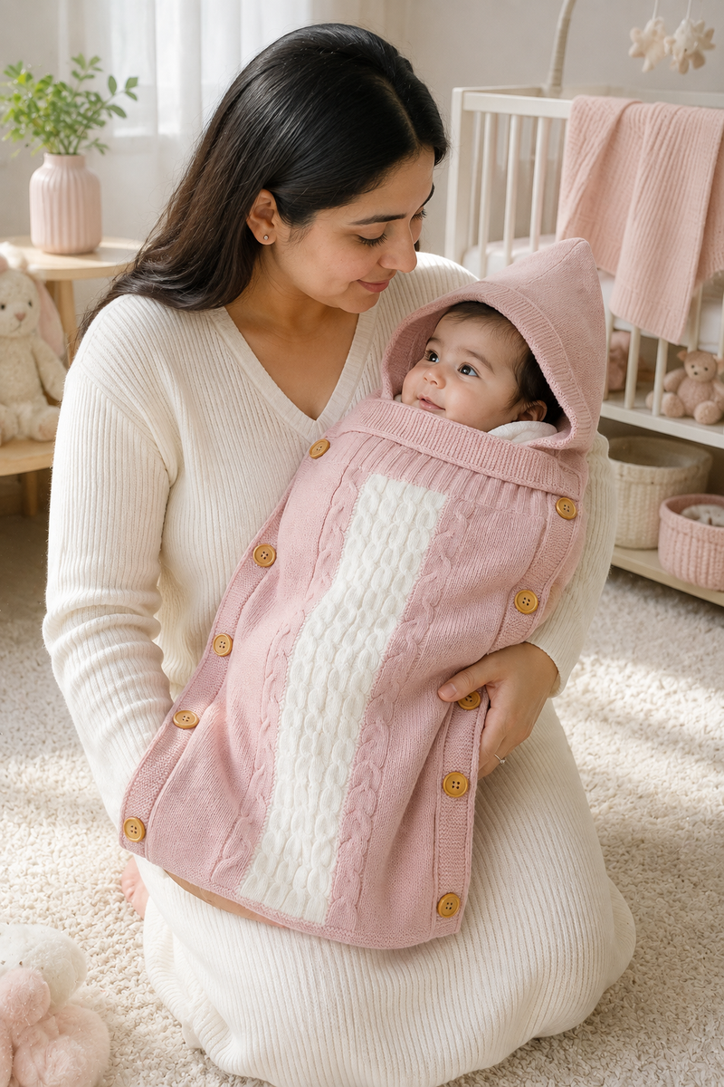 Premium Knitted Baby Sleeping Bag N Carrier - Pink White