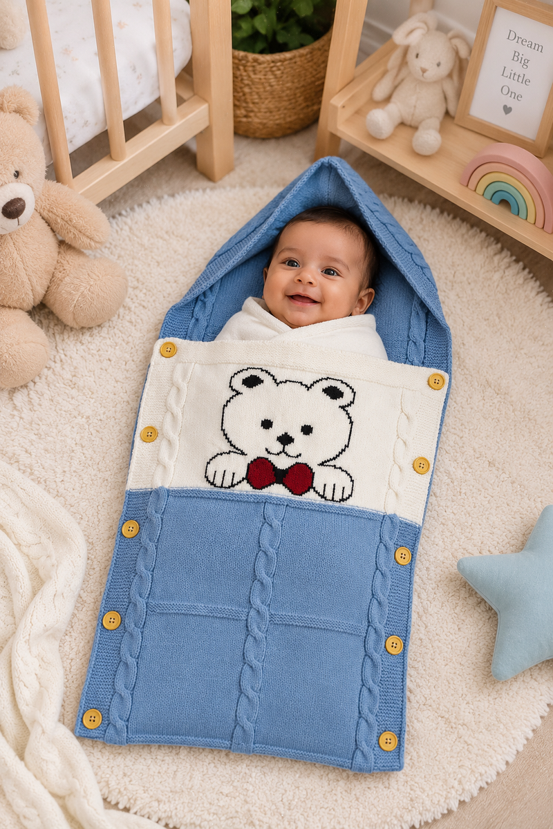 Premium Knitted Baby Sleeping Bag N Carrier - Bear Blue
