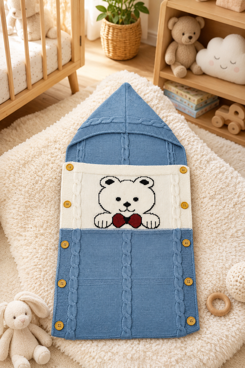 Premium Knitted Baby Sleeping Bag N Carrier - Bear Blue