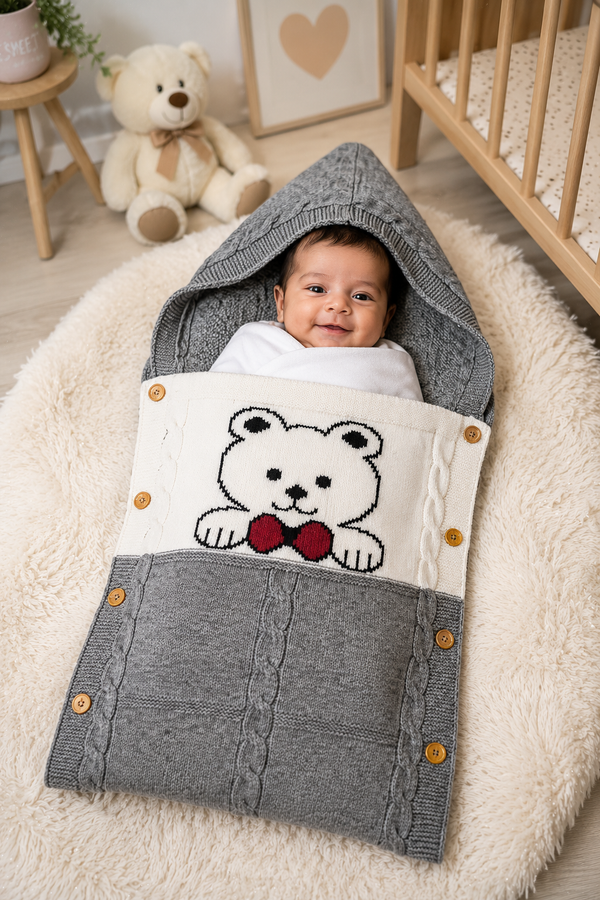 Premium Knitted Baby Sleeping Bag N Carrier - Bear Grey