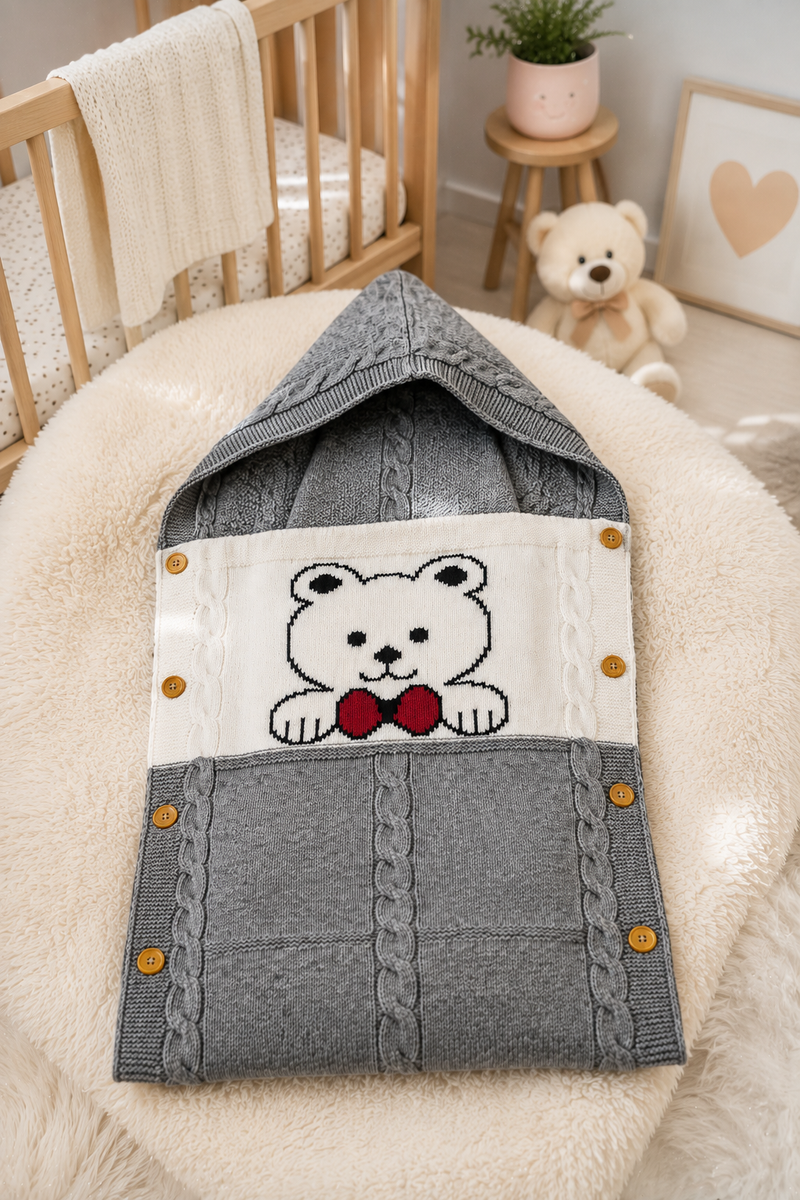 Premium Knitted Baby Sleeping Bag N Carrier - Bear Grey