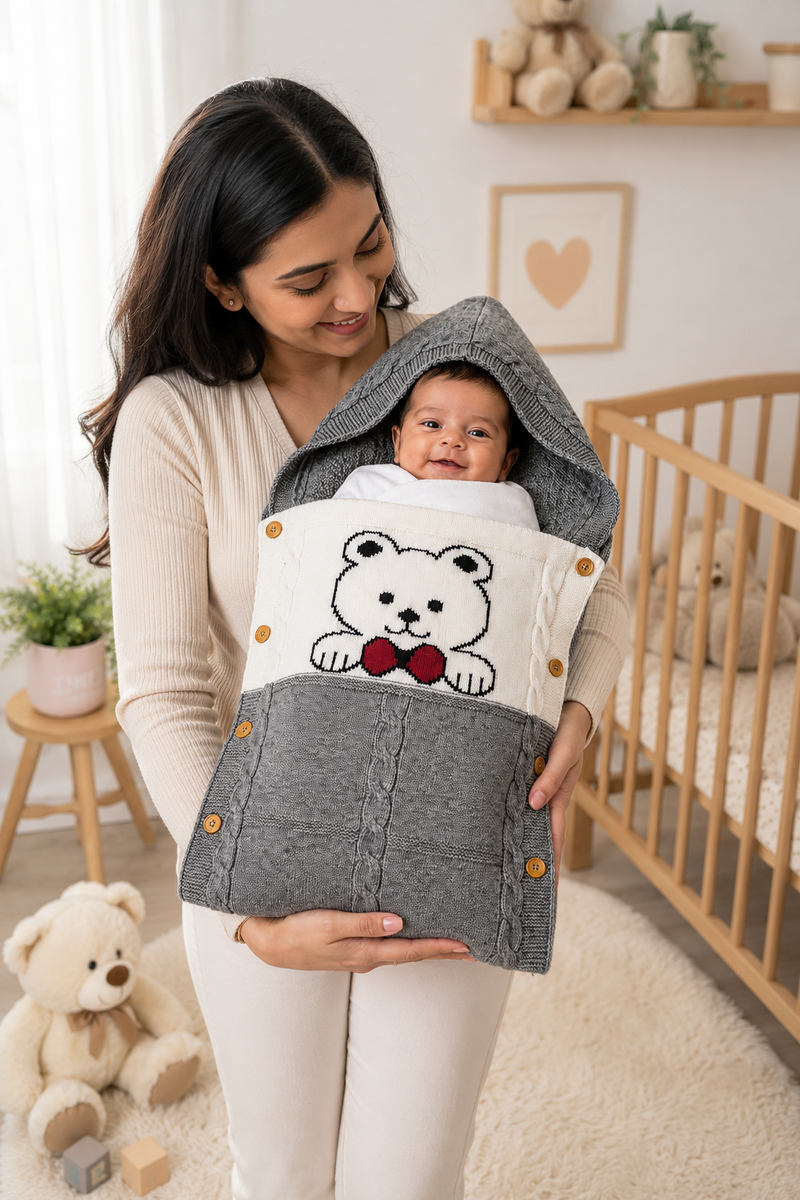 Premium Knitted Baby Sleeping Bag N Carrier - Bear Grey
