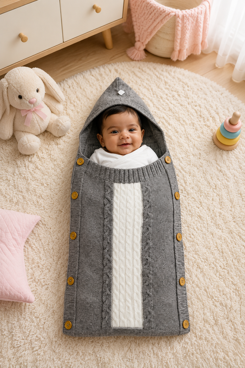 Premium Knitted Baby Sleeping Bag N Carrier - Grey White