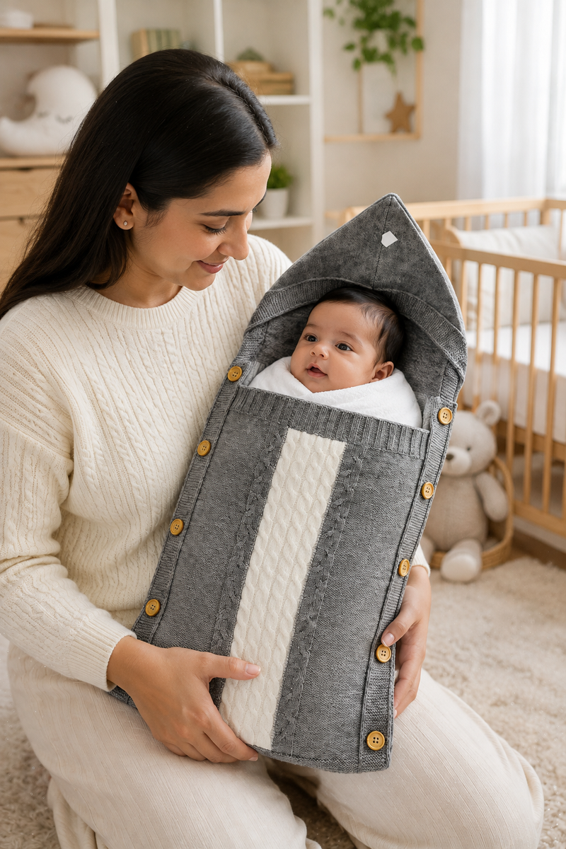 Premium Knitted Baby Sleeping Bag N Carrier - Grey White