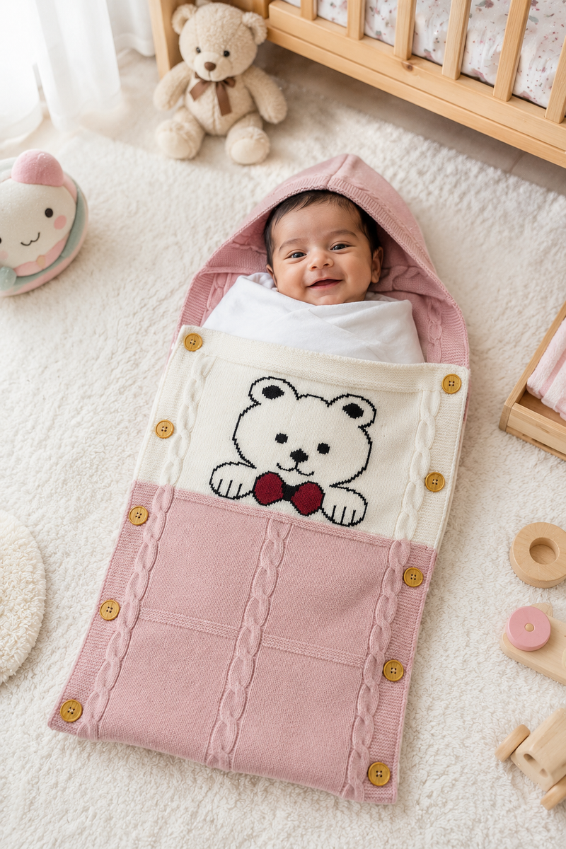 Premium Knitted Baby Sleeping Bag N Carrier - Bear Pink