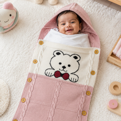 Premium Knitted Baby Sleeping Bag N Carrier - Bear Pink