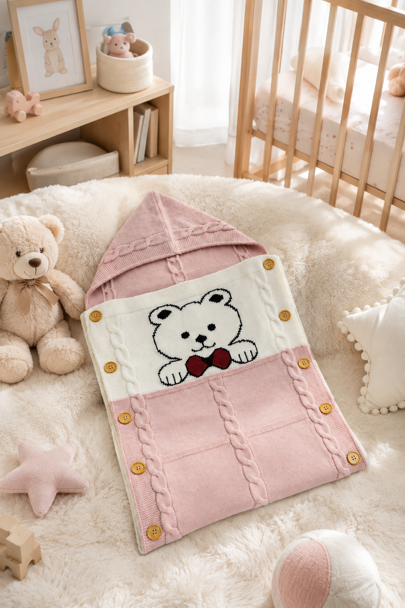 Premium Knitted Baby Sleeping Bag N Carrier - Bear Pink
