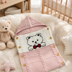 Premium Knitted Baby Sleeping Bag N Carrier - Bear Pink