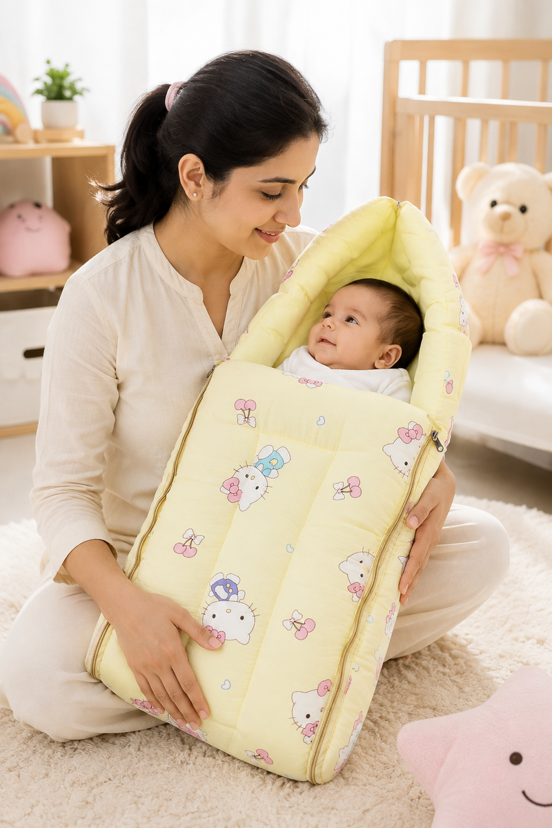 Yellow Kitty Muslin Baby Sleeping Bag N Carrier