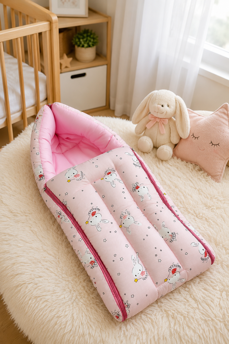 Pink Rabbit Muslin Baby Sleeping Bag N Carrier
