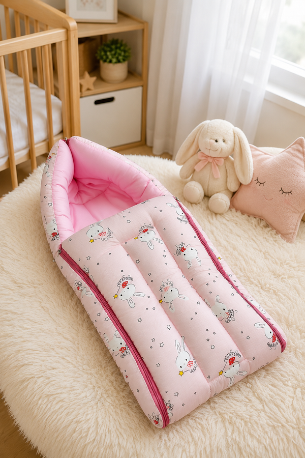 Pink Rabbit Muslin Baby Sleeping Bag N Carrier