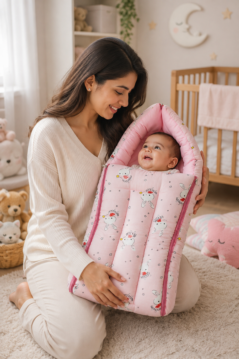 Pink Rabbit Muslin Baby Sleeping Bag N Carrier