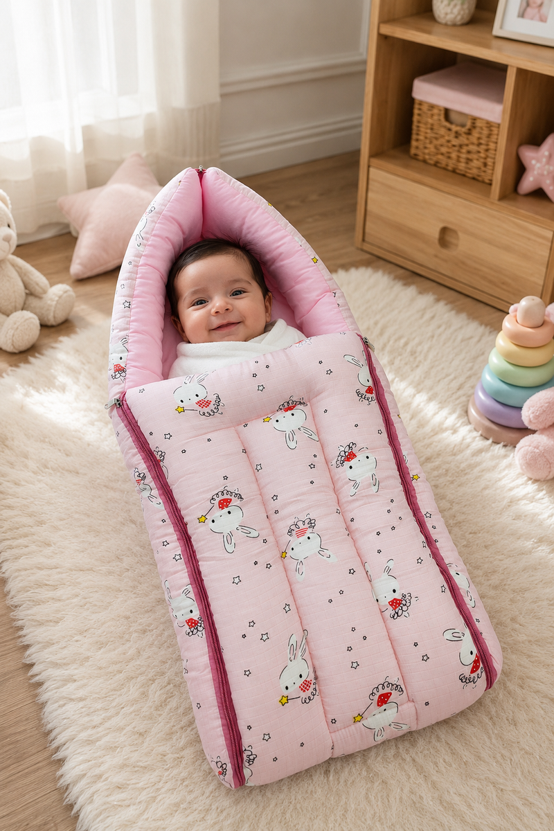 Pink Rabbit Muslin Baby Sleeping Bag N Carrier