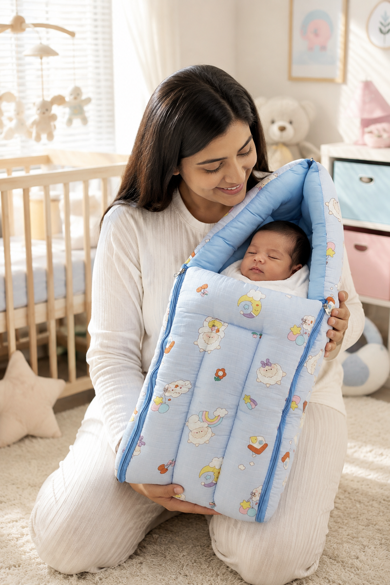Blue Sheep Muslin Baby Sleeping Bag N Carrier