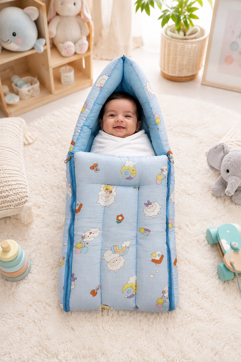 Blue Sheep Muslin Baby Sleeping Bag N Carrier