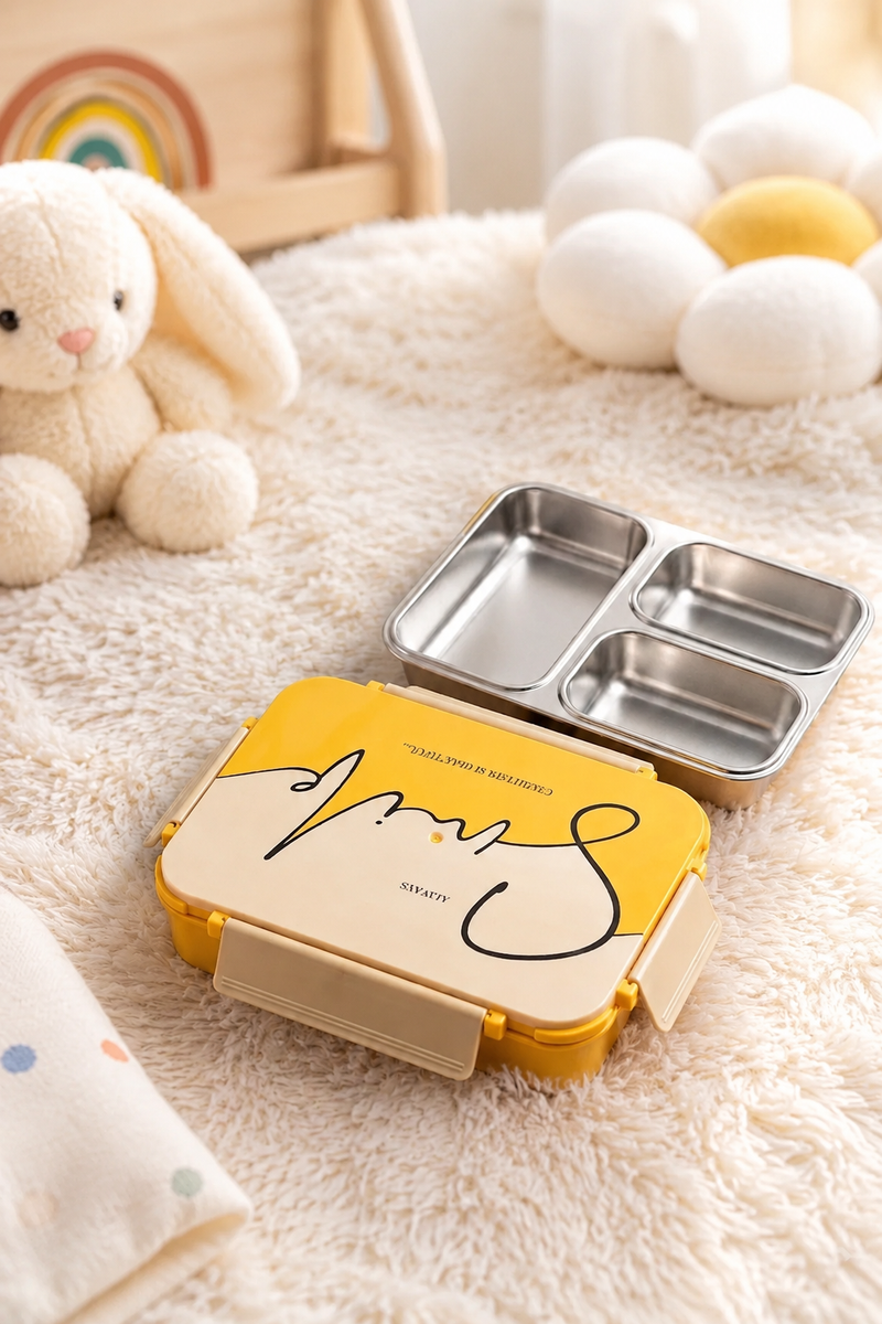 3 Compartment Stainless Steel Lunch Box for Kids, Smiley