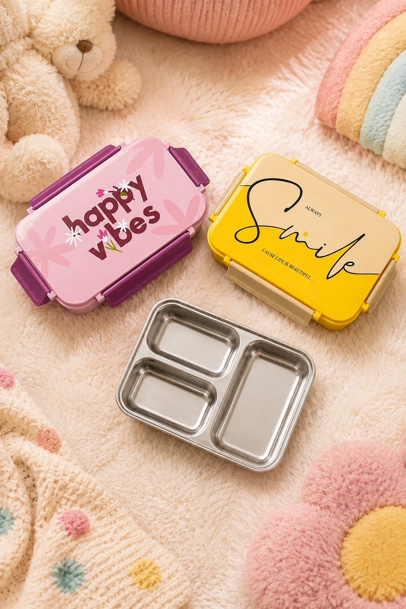 3 Compartment Stainless Steel Lunch Box for Kids, Smiley