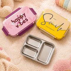 3 Compartment Stainless Steel Lunch Box for Kids, Smiley
