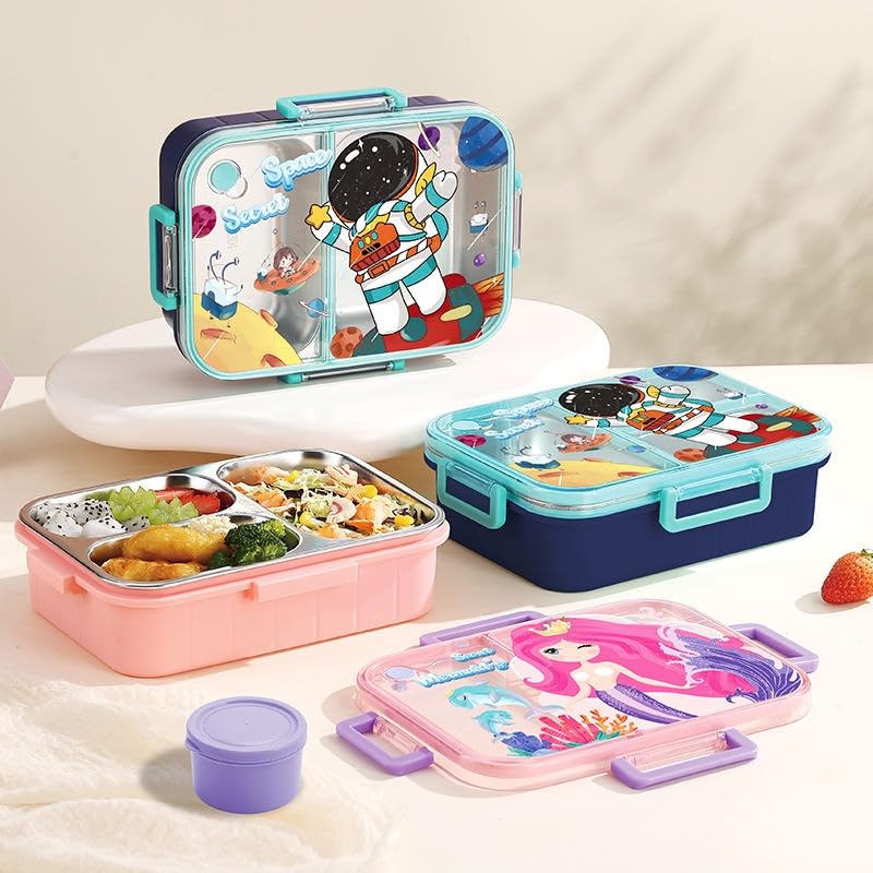 Merrmaid 3 Compartment 750 ML Stainless Steel Lunch Box for School Leak Proof Bento Tiffin Box with Handle, SUS304 Steel Lunch Box