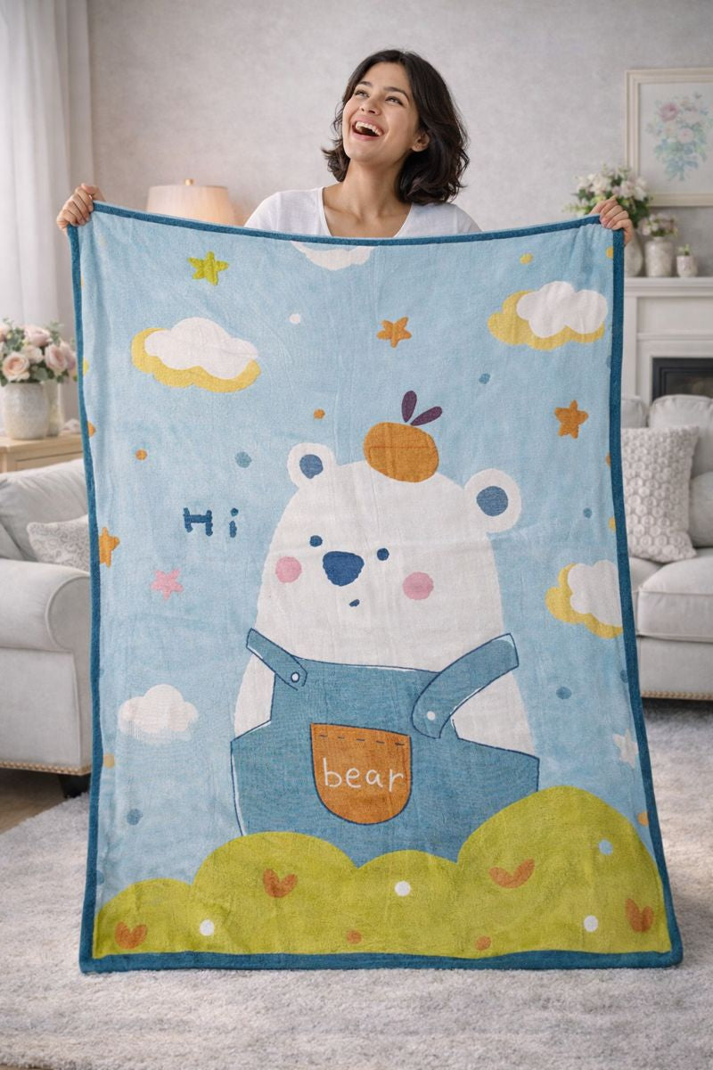 Lightweight Soft Plush Velvet Fleece 2 way Printed Blanket for 1 -7 Year Olds - Bear