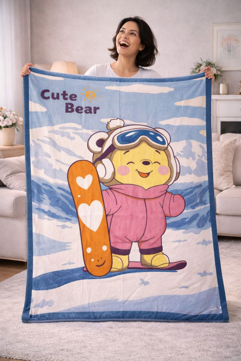 Lightweight Soft Plush Velvet Fleece 2 way Printed Blanket for 1 -7 Year Olds - Surf Bear