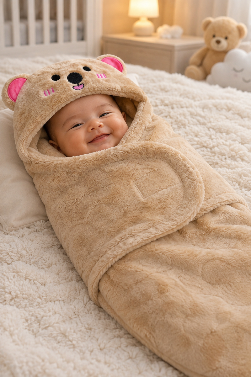 Soft Velvet Fleece Newborn Baby Embroidered Hooded Swaddle Blanket for 0-6 Months - Beige Bear