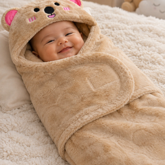Soft Velvet Fleece Newborn Baby Embroidered Hooded Swaddle Blanket for 0-6 Months - Beige Bear