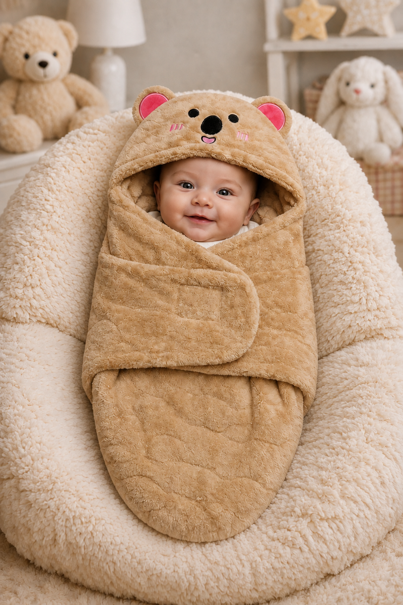 Soft Velvet Fleece Newborn Baby Embroidered Hooded Swaddle Blanket for 0-6 Months - Beige Bear