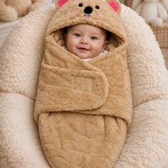 Soft Velvet Fleece Newborn Baby Embroidered Hooded Swaddle Blanket for 0-6 Months - Beige Bear