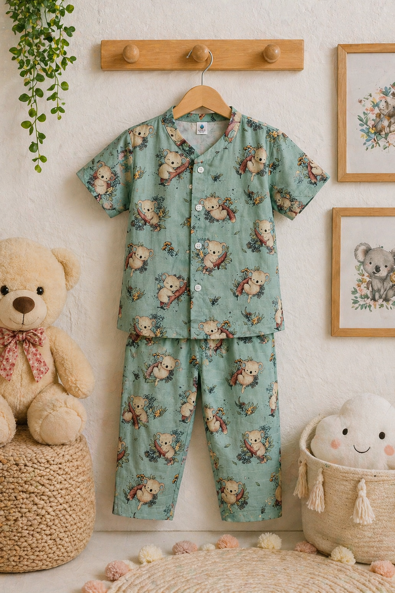 Teal Koala |Half Sleeves| Checkered Muslin| Soft Unisex Muslin Set for New Born to 6 Years
