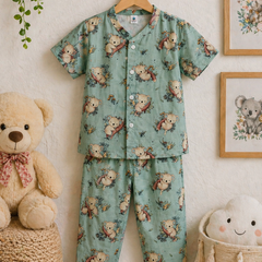 Teal Koala |Half Sleeves| Checkered Muslin| Soft Unisex Muslin Set for New Born to 6 Years