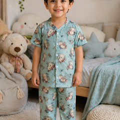 Teal Koala |Half Sleeves| Checkered Muslin| Soft Unisex Muslin Set for New Born to 6 Years