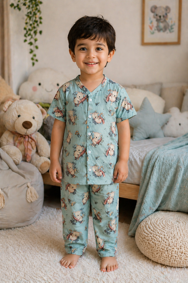 Teal Koala |Half Sleeves| Checkered Muslin| Soft Unisex Muslin Set for New Born to 6 Years