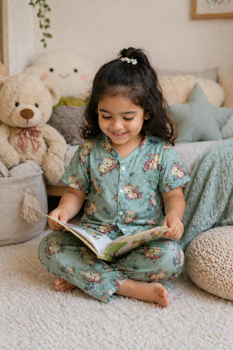 Teal Koala |Half Sleeves| Checkered Muslin| Soft Unisex Muslin Set for New Born to 6 Years