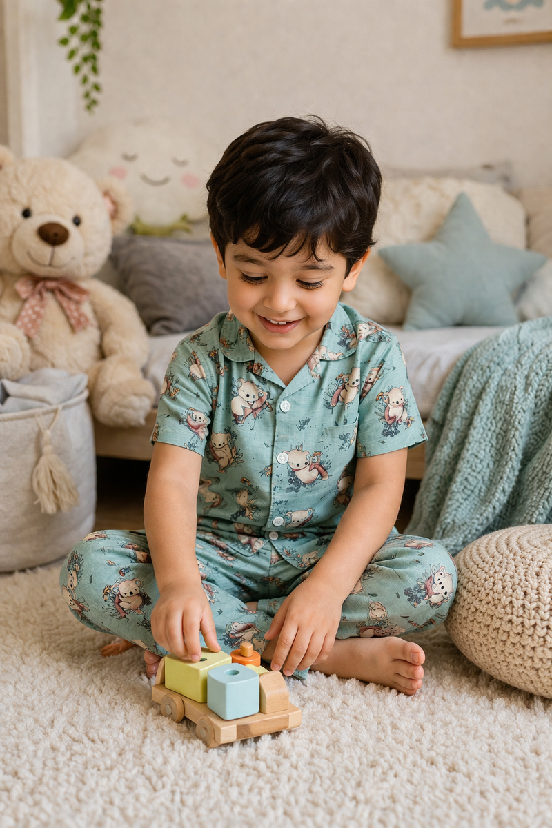 Teal Koala |Half Sleeves| Checkered Muslin| Soft Unisex Muslin Set for New Born to 6 Years