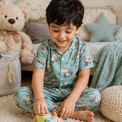 Teal Koala |Half Sleeves| Checkered Muslin| Soft Unisex Muslin Set for New Born to 6 Years