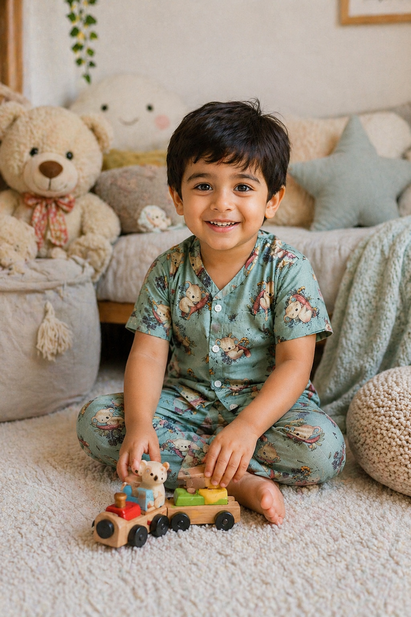 Teal Koala |Half Sleeves| Checkered Muslin| Soft Unisex Muslin Set for New Born to 6 Years