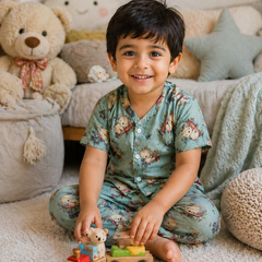 Teal Koala |Half Sleeves| Checkered Muslin| Soft Unisex Muslin Set for New Born to 6 Years