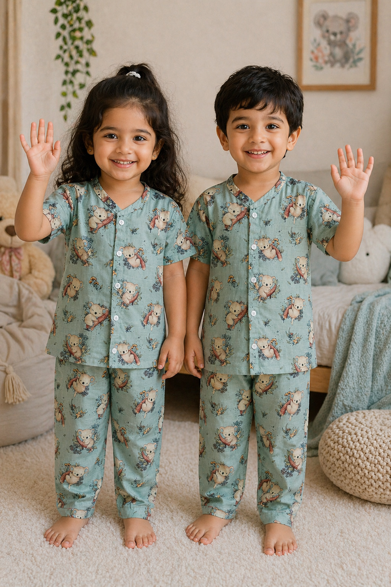 Teal Koala |Half Sleeves| Checkered Muslin| Soft Unisex Muslin Set for New Born to 6 Years