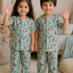 Teal Koala |Half Sleeves| Checkered Muslin| Soft Unisex Muslin Set for New Born to 6 Years
