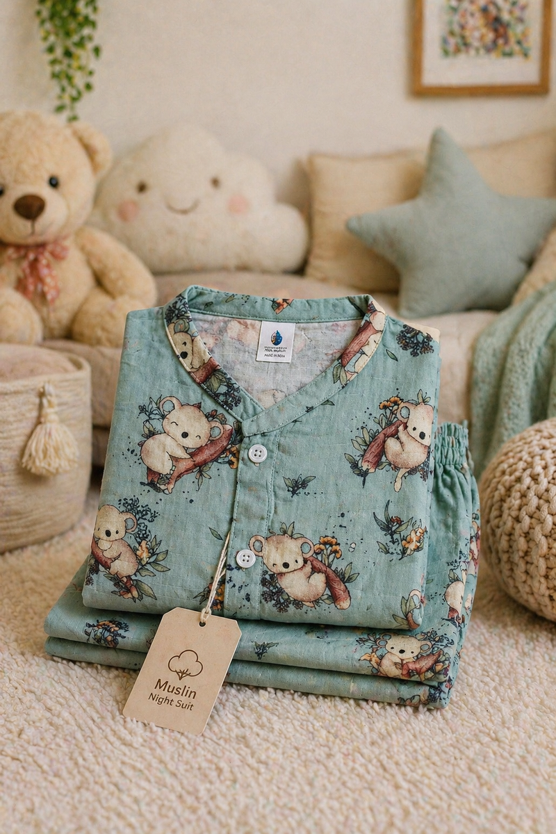 Teal Koala |Half Sleeves| Checkered Muslin| Soft Unisex Muslin Set for New Born to 6 Years