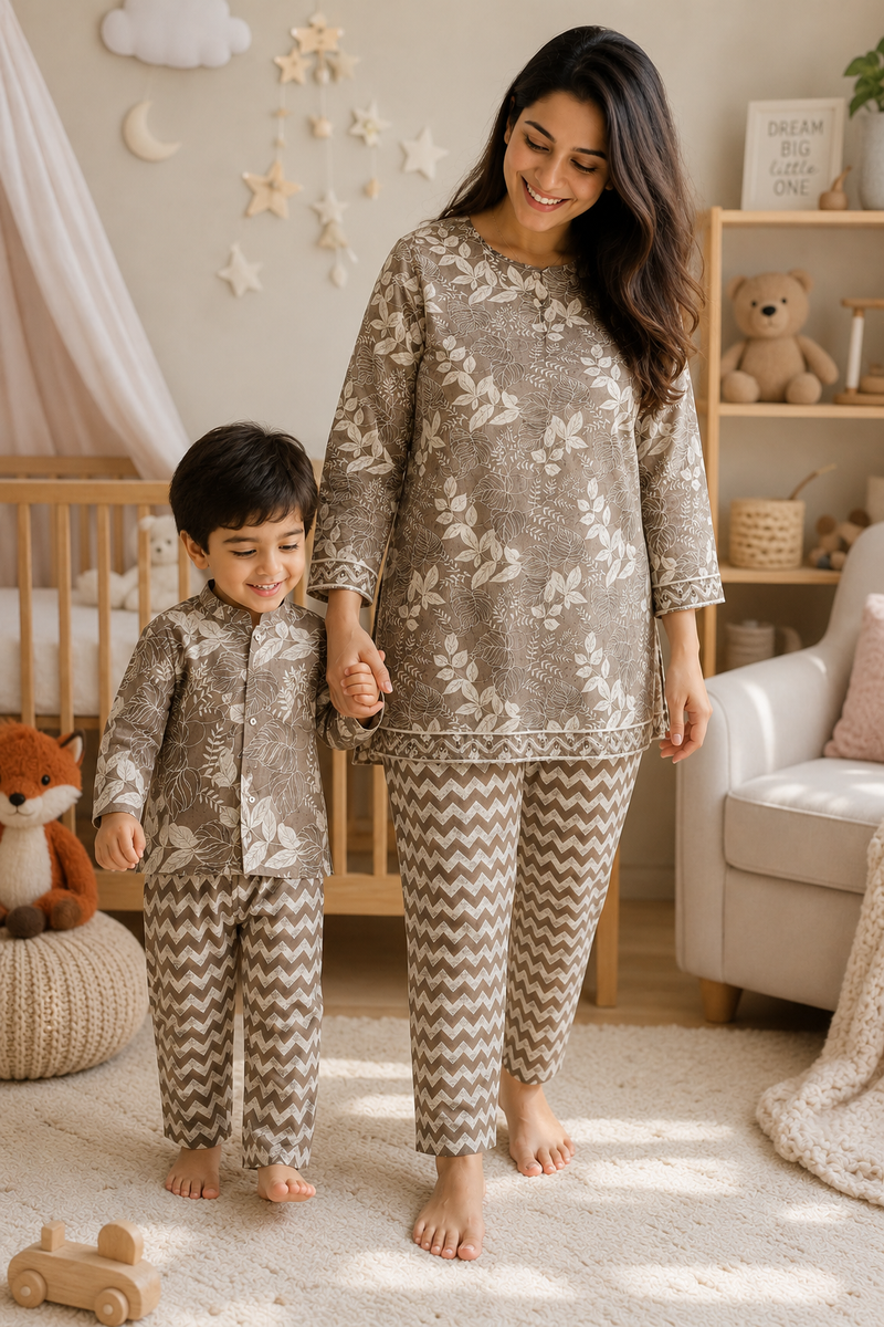 Beige Floral - Mom and Baby 100% Cotton Twinning Set