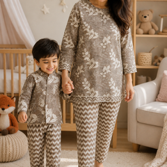 Beige Floral - Mom and Baby 100% Cotton Twinning Set
