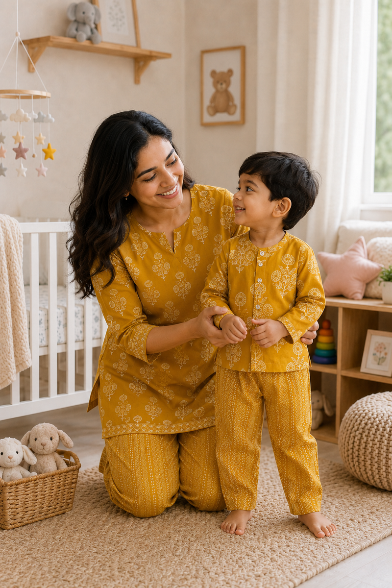 Mustard Motif- Mom and Baby 100% Cotton Twinning Set