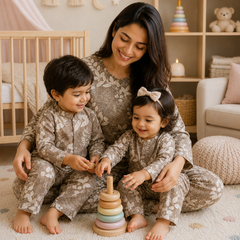 Beige Floral - Mom and Baby 100% Cotton Twinning Set