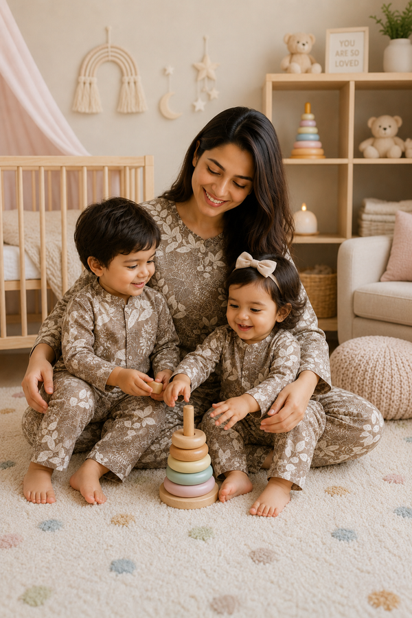 Beige Floral - Mom and Baby 100% Cotton Twinning Set