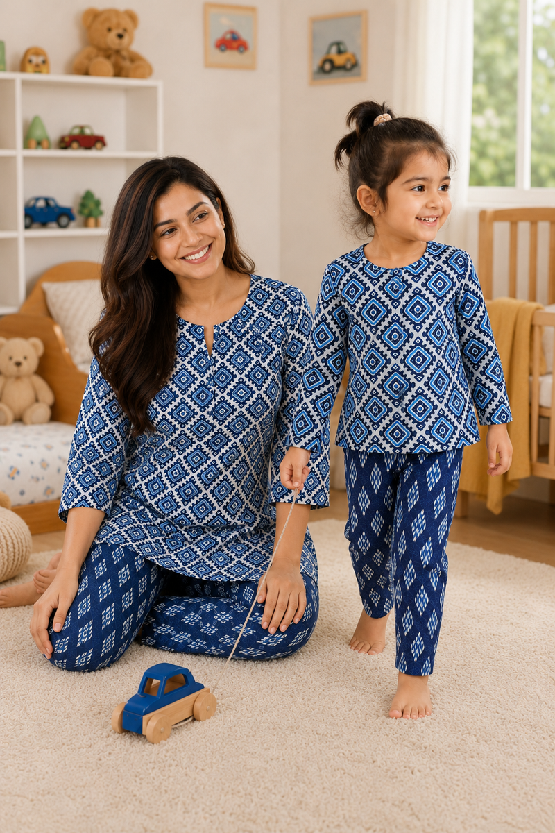 Blue Hex - Mom and Baby 100% Cotton Twinning Set