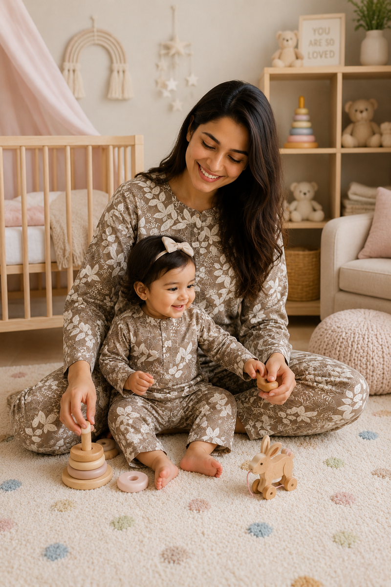 Beige Floral - Mom and Baby 100% Cotton Twinning Set