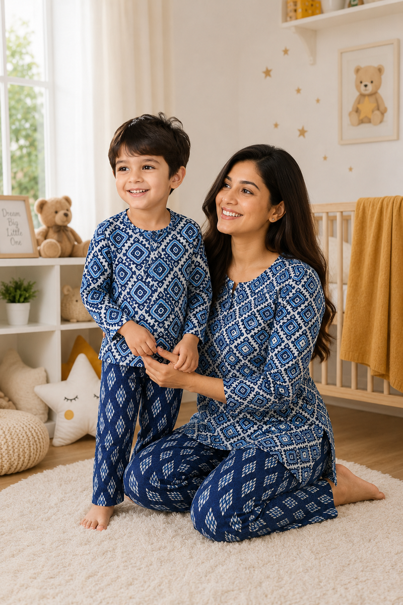 Blue Hex - Mom and Baby 100% Cotton Twinning Set